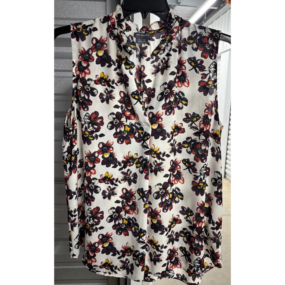 Van Heusen Womens XL Floral Ruffle Neck Sleeveless Blouse White Burgundy Top